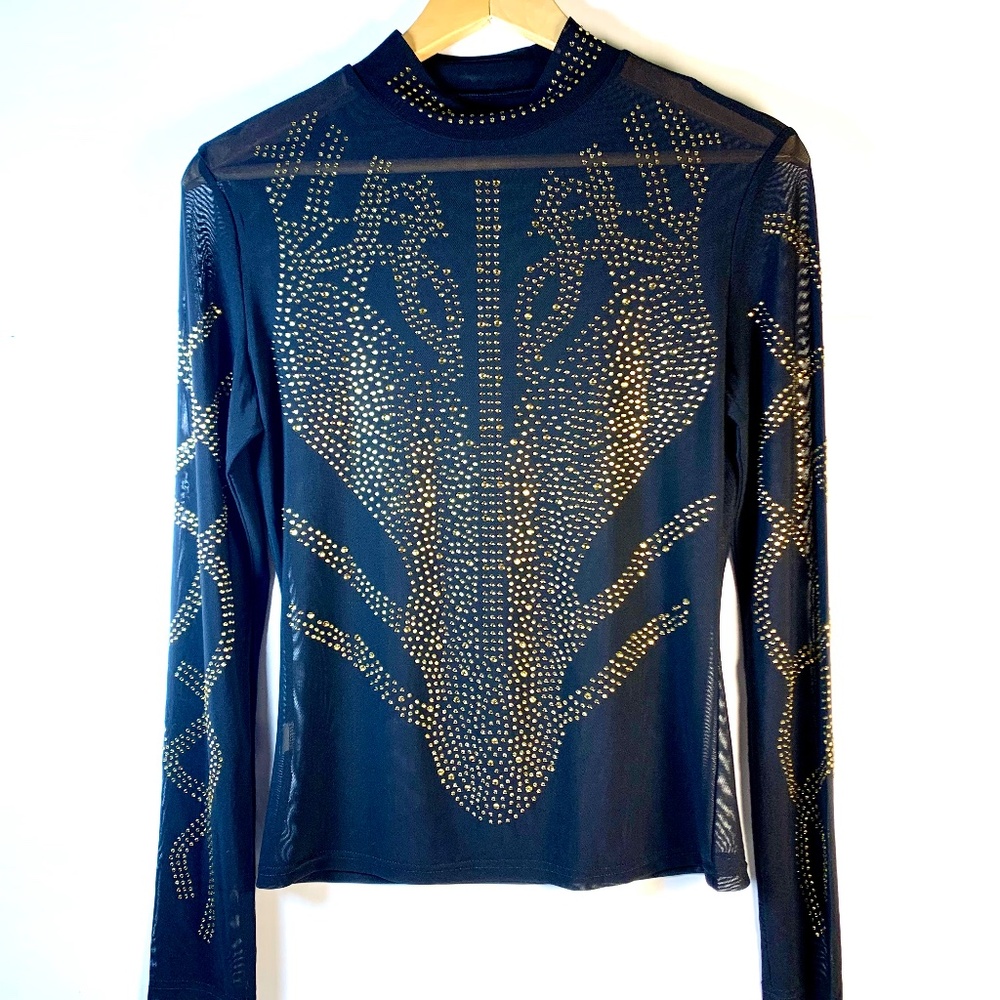 Elaborate Gold-tone stud embellished blue mesh party semi-sheer bodycon blouse